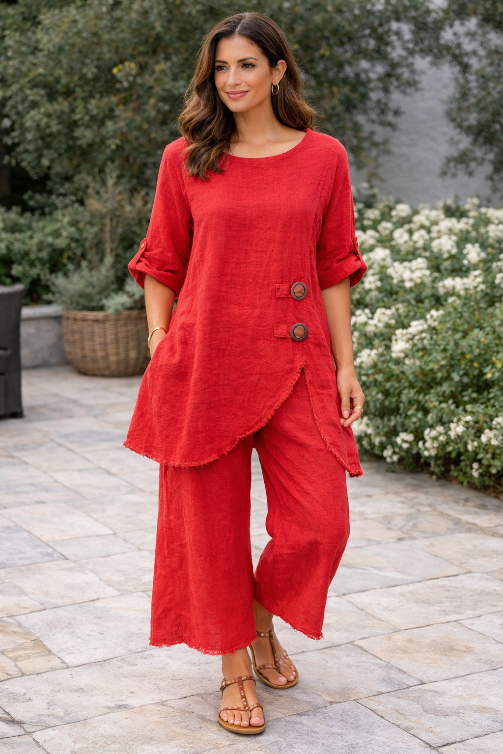 Amalfi Red Linen Two-Piece Set – Relaxed Fit Top & Pants