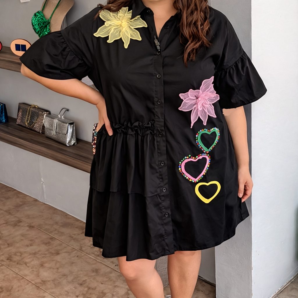 Women’s Black One Size Statement Shirt Dress – Floral Appliqué & Rhinestone Heart Dress