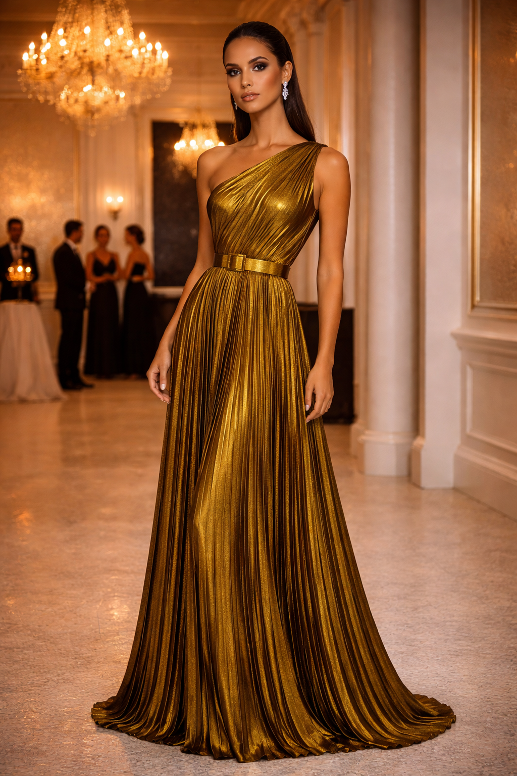 Golden Muse Pleated One-Shoulder Maxi Dress – Metallic Gold Belted Evening Gown (One Size)