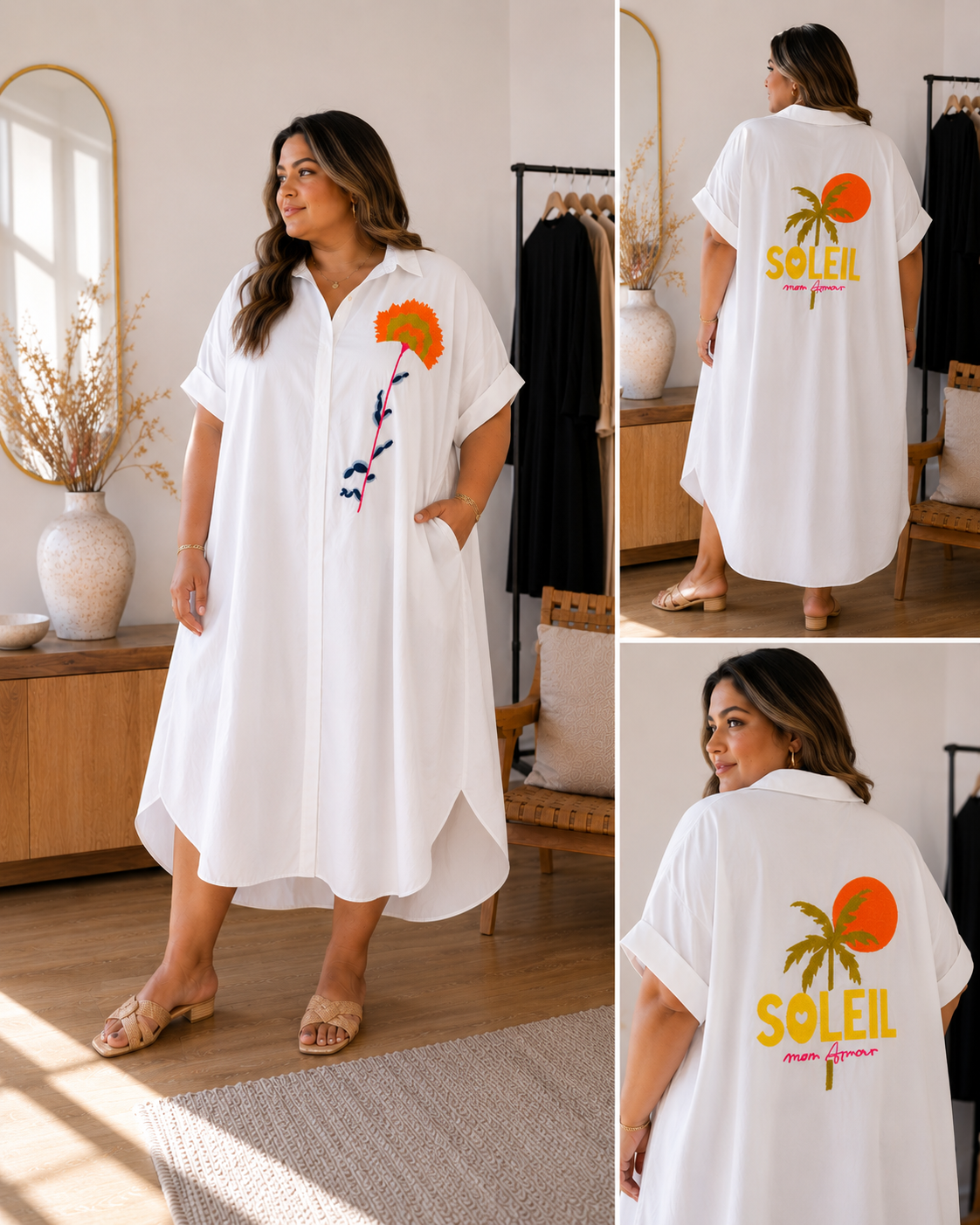 Soleil Breeze Oversized Midi Shirt Dress – Relaxed Fit Embroidered Caftan (Blue & White)
