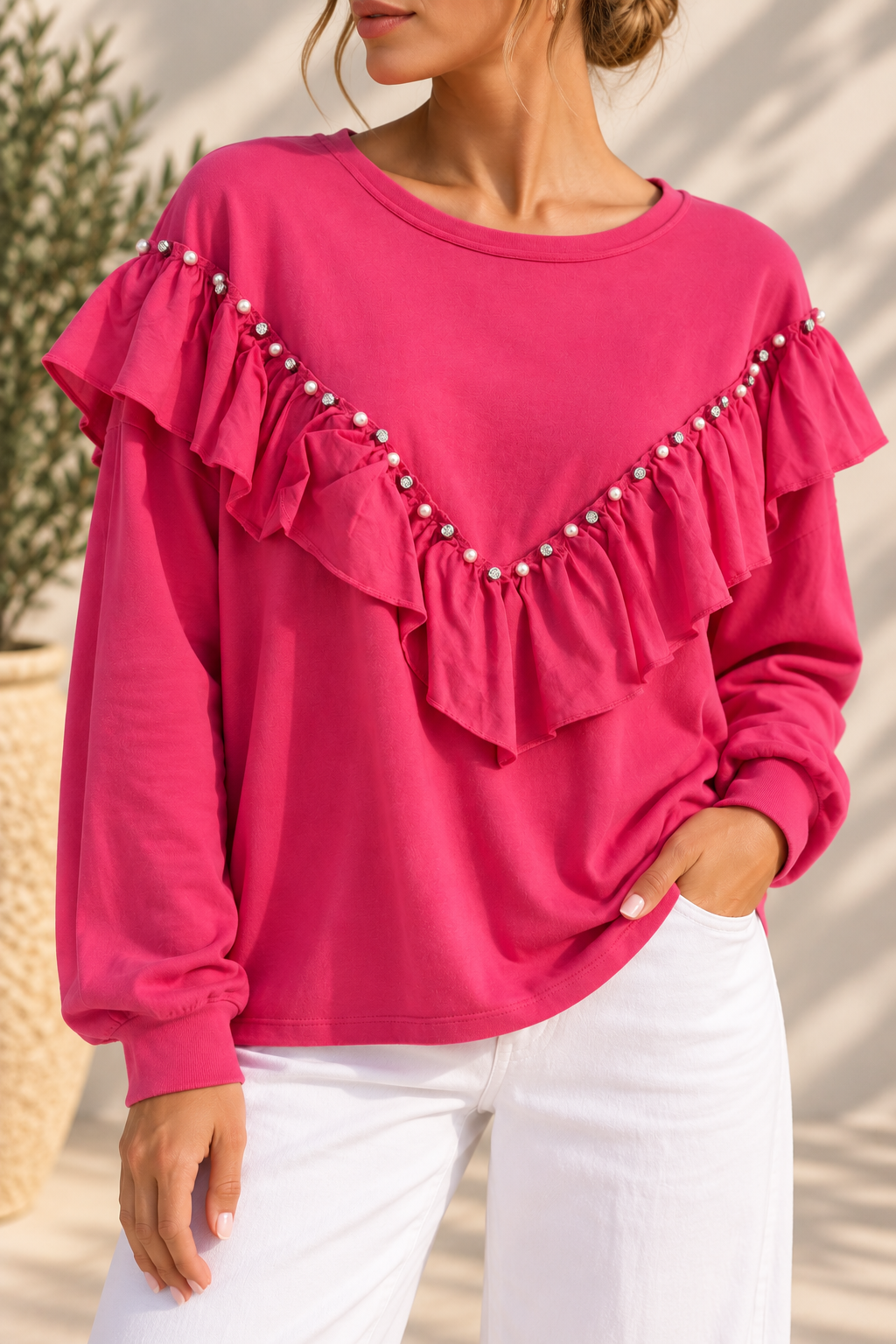 Pearl Ruffle Statement Sweatshirt