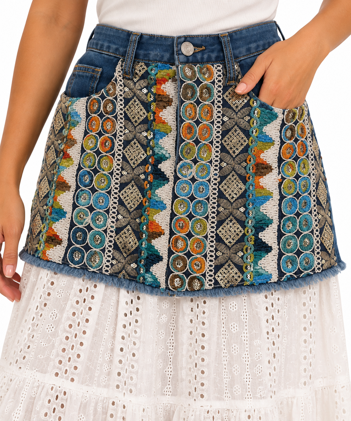 Boho Denim Eyelet Maxi Skirt