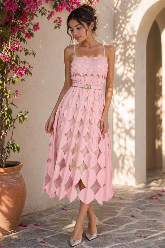 Blush Circle Cutout Midi Dress – Elegant Layered Statement Dress