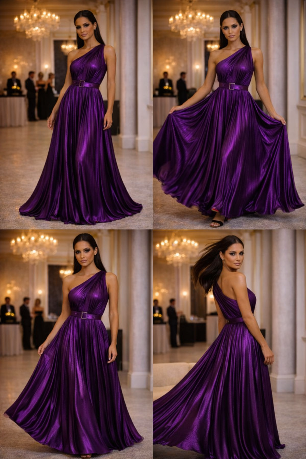 Royal Aura Pleated One-Shoulder Maxi Dress – Metallic Purple Belted Evening Gown (One Size)