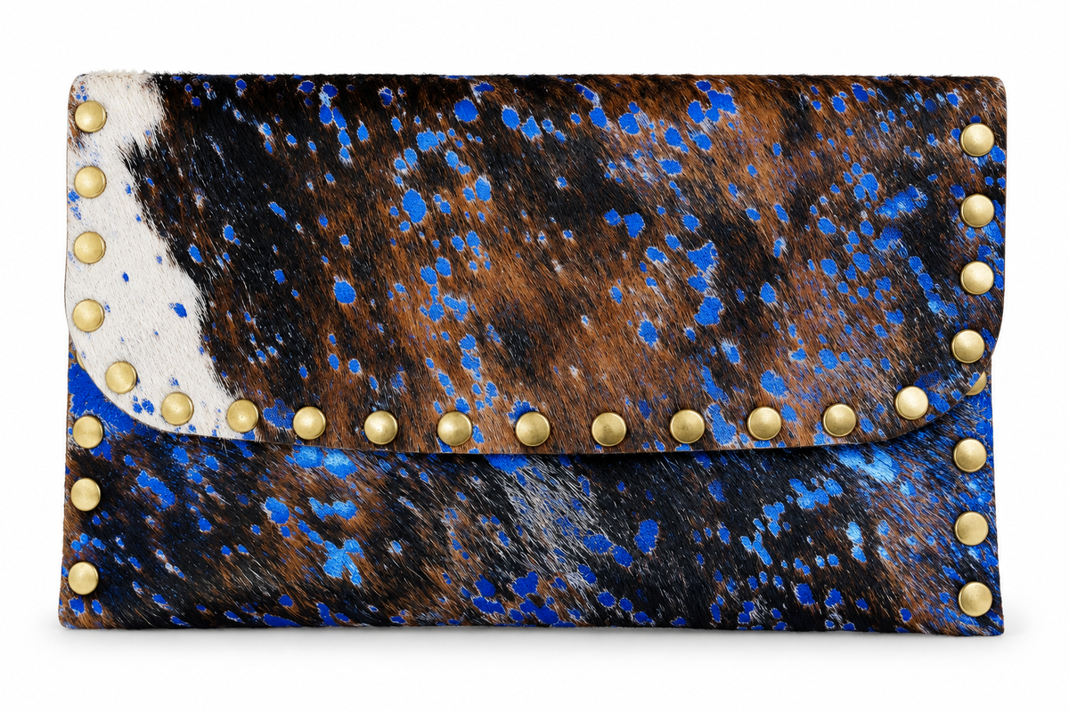 Handmade Blue Speckled Cowhide Leather Clutch