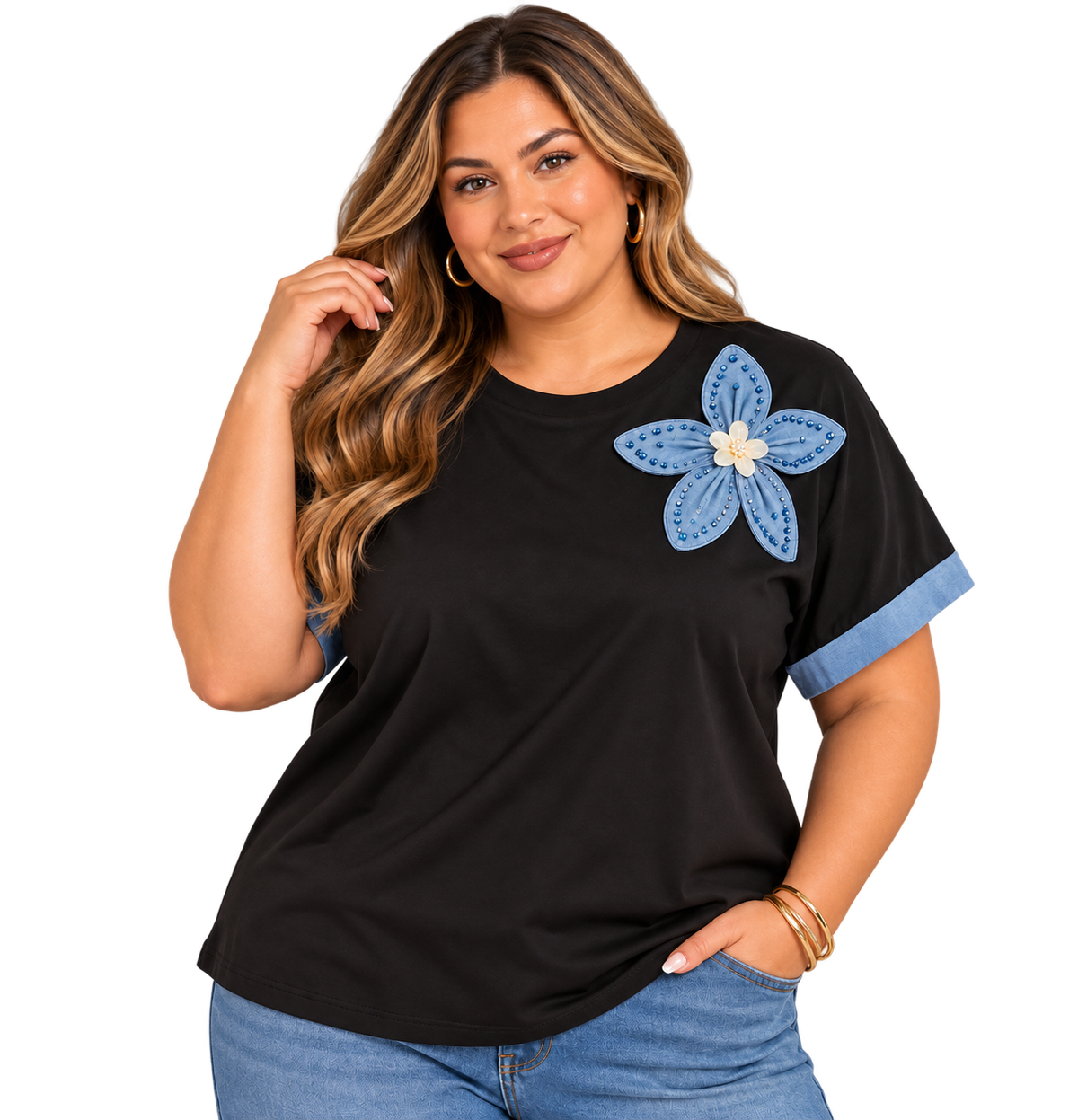 Denim Bloom Rhinestone Flower Tee – Plus Size