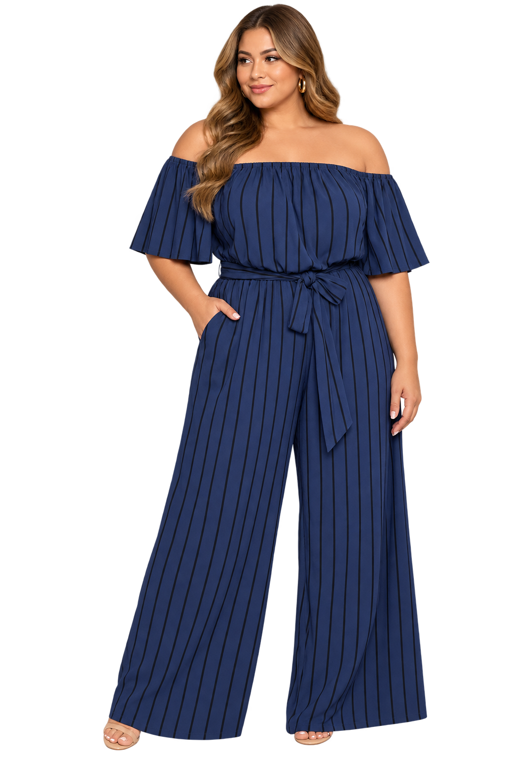 Midnight Lines Off-Shoulder Jumpsuit