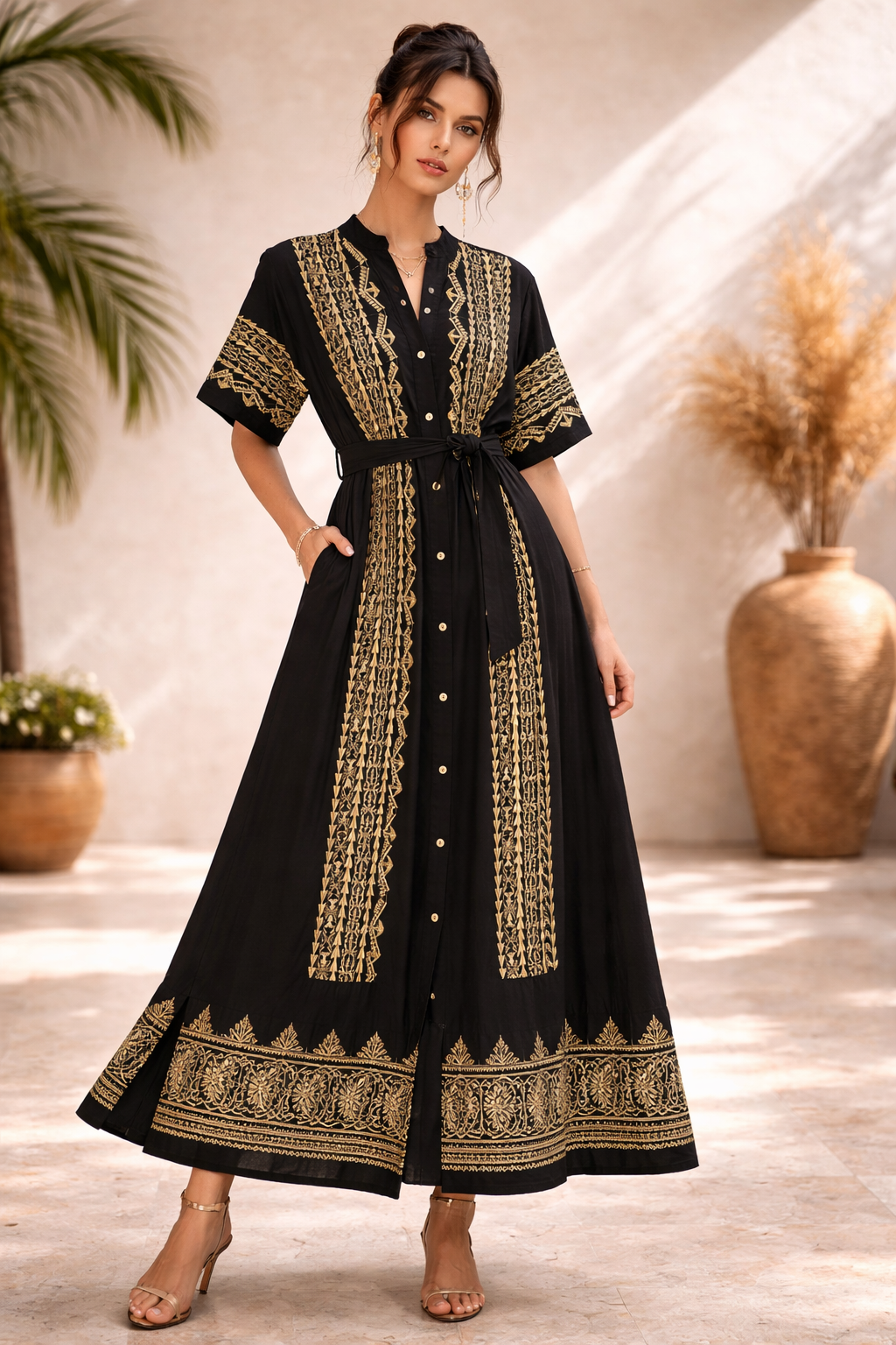 Women’s Black Embroidered Midi Dress – Belted Short Sleeve Dress