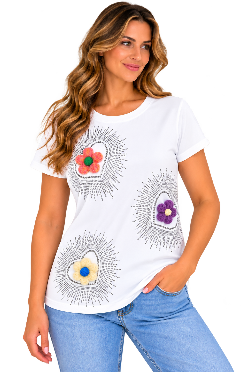 Blooming Hearts Rhinestone Flower Tee