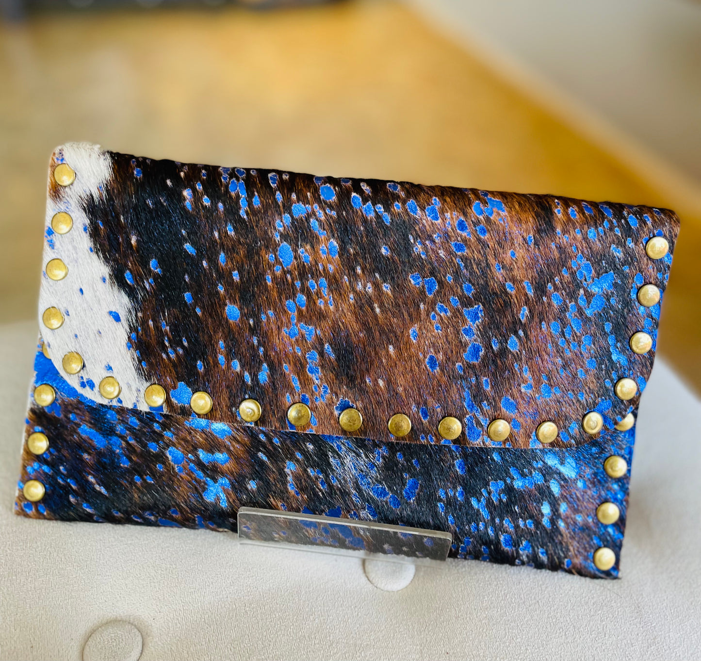 Handmade Blue Speckled Cowhide Leather Clutch