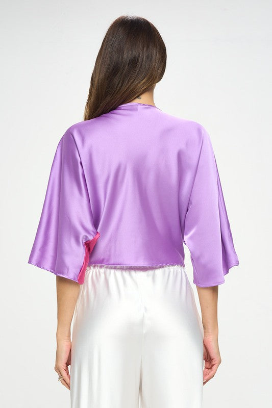 Satin Vibrant Short Sleeve Top with Front Twist