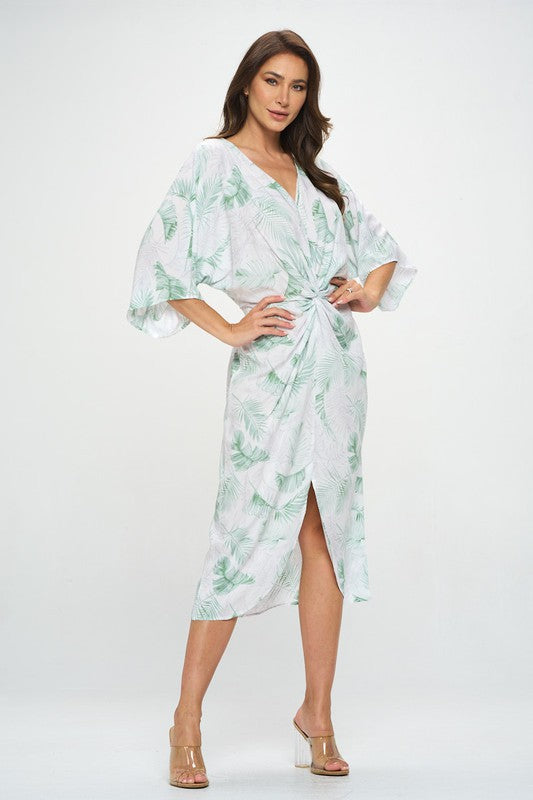 Tropical Leaf Print Kimono Dress with Front Twist