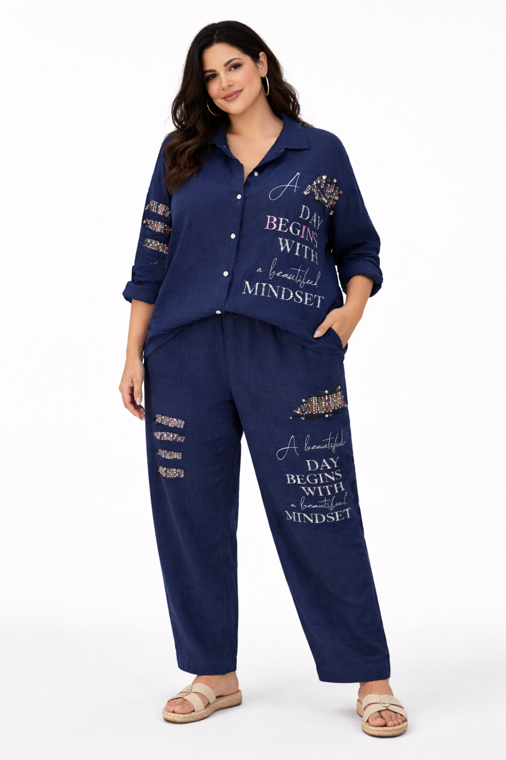 Navy Linen Mindset Two-Piece Set – Relaxed Fit Button Shirt & Pants
