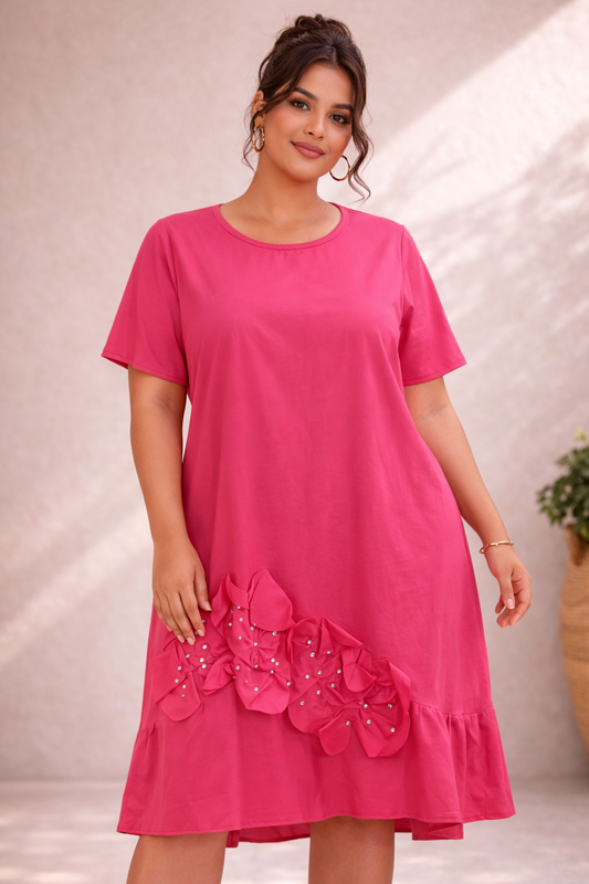 Women’s Pink Short Sleeve Midi Dress with Rhinestone Detail – Relaxed Fit Dress