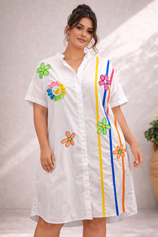 Women’s White Floral Stripe Shirt Dress – Colorful Short Sleeve Midi Dress