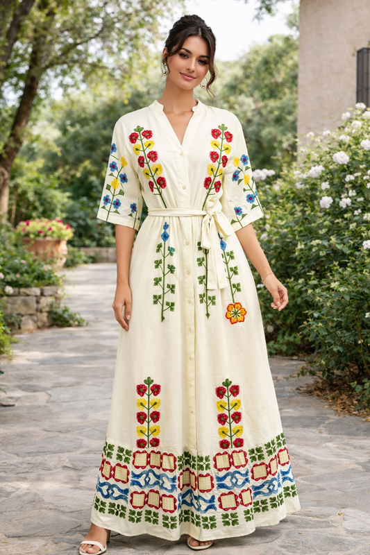 Women’s Cream Embroidered Maxi Dress with Belt – Floral Boho Short Sleeve Dress