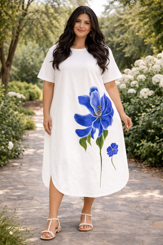 Women’s White Floral Midi Dress – Blue Flower Print Loose Fit