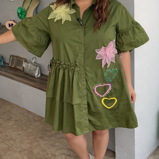 Women’s Army Green One Size Statement Shirt Dress – Floral Appliqué Rhinestone Heart Dress