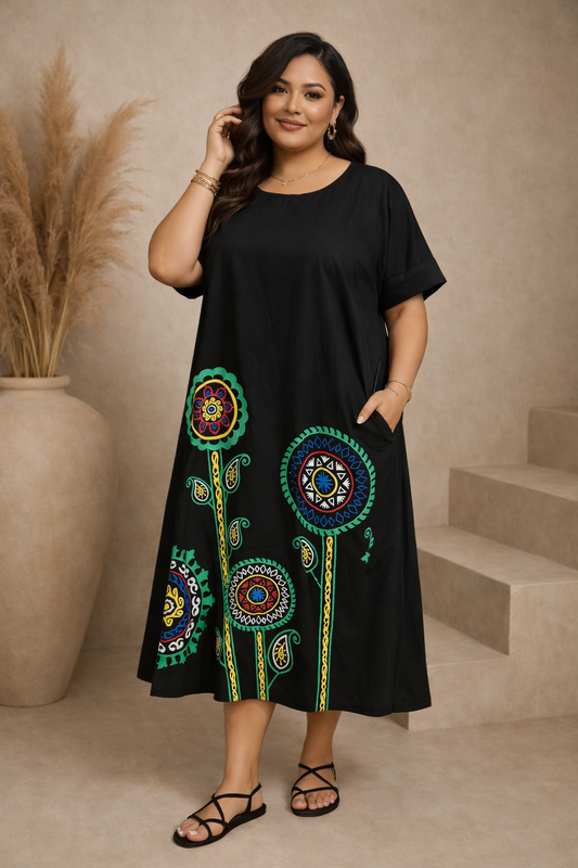 Boho Bloom Black Midi Dress – Flowy One Size (Fits Up to 2X)