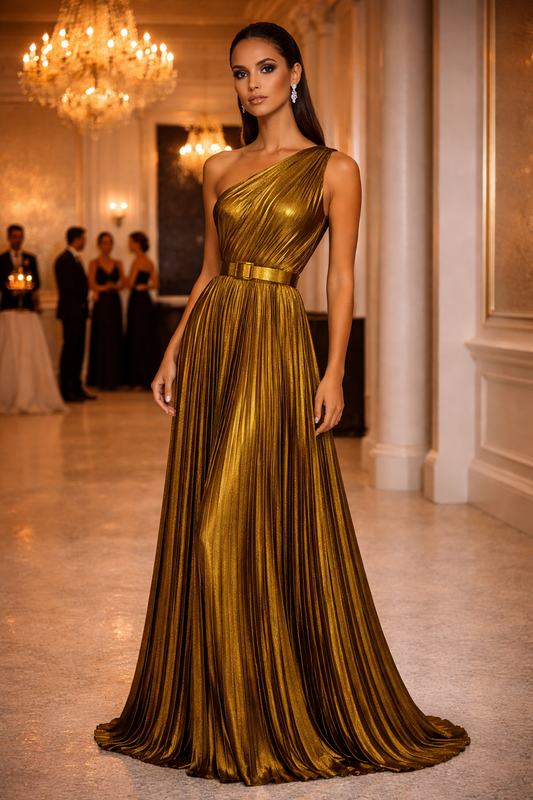 Golden Muse Pleated One-Shoulder Maxi Dress – Metallic Gold Belted Evening Gown (One Size)