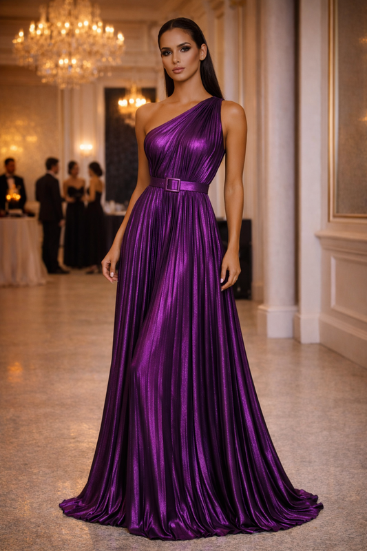 Royal Aura Pleated One-Shoulder Maxi Dress – Metallic Purple Belted Evening Gown (One Size)