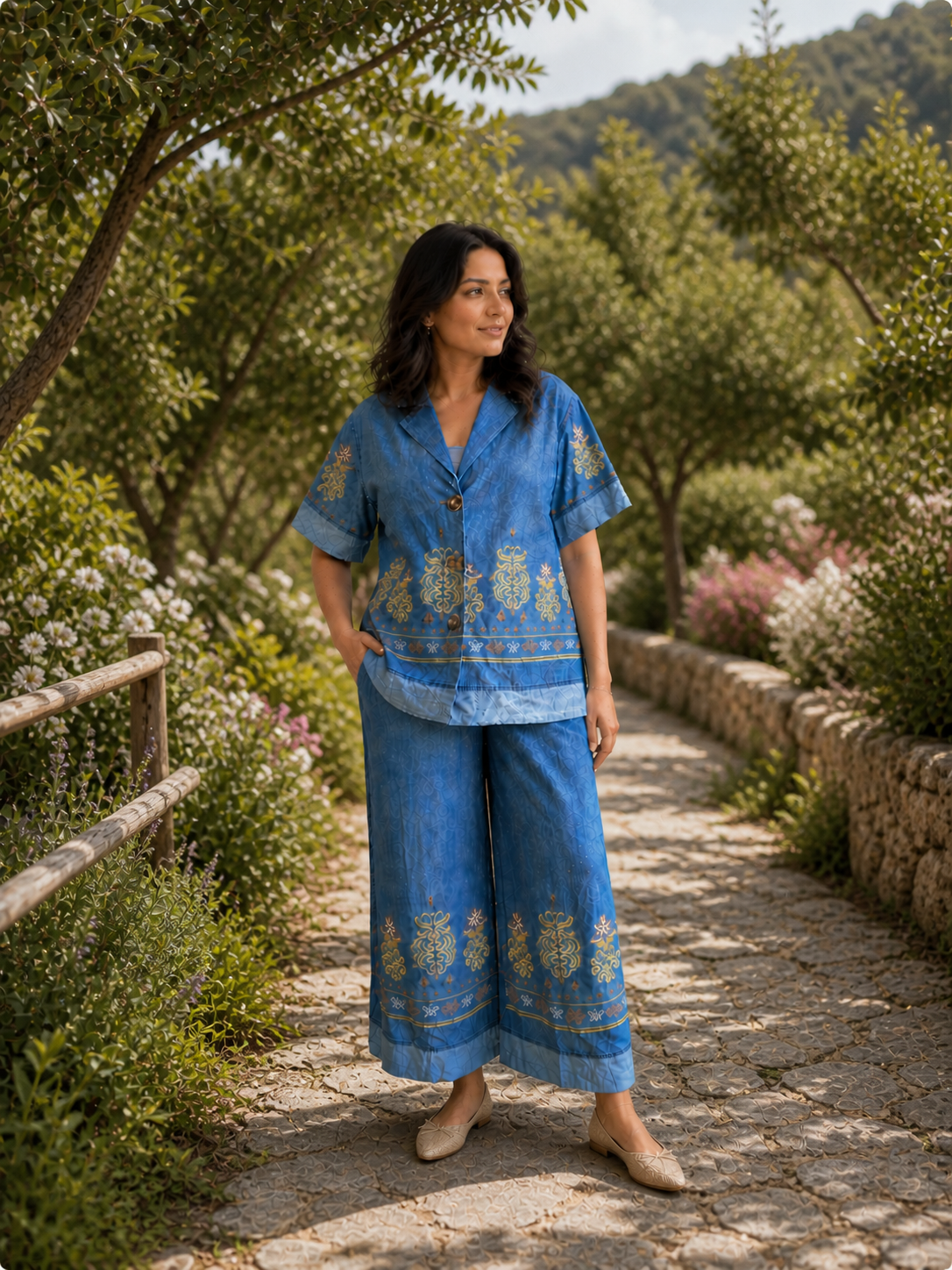 Blue Embroidered Linen Set – Relaxed Luxe Two-Piece Outfit