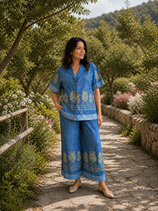 Blue Embroidered Linen Set – Relaxed Luxe Two-Piece Outfit