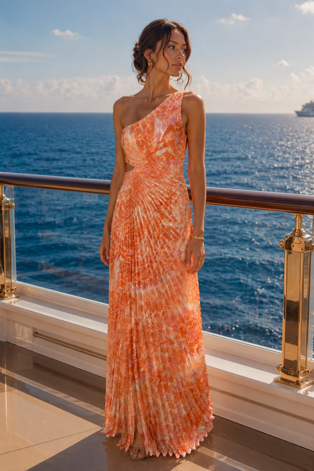 Sunset Marble Pleated One-Shoulder Maxi Dress – Orange Print with Side Cutout