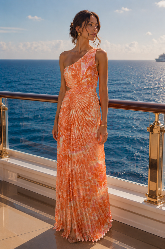 Sunset Marble Pleated One-Shoulder Maxi Dress – Orange Print with Side Cutout