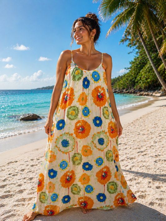 Woman in a colorful floral dress standing on a beach with palm trees and blue sky.