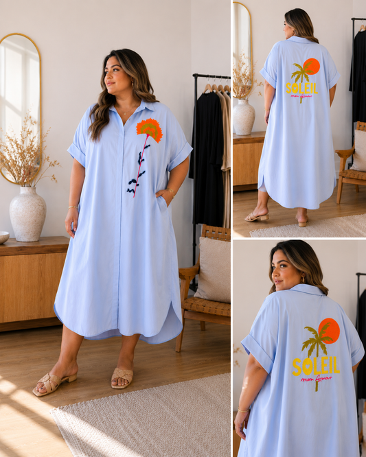 Soleil Breeze Oversized Midi Shirt Dress – Relaxed Fit Embroidered Caftan (Blue & White)