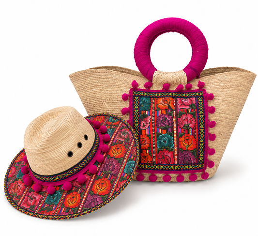 Fiesta Bloom Embroidered Straw Hat & Tote Set