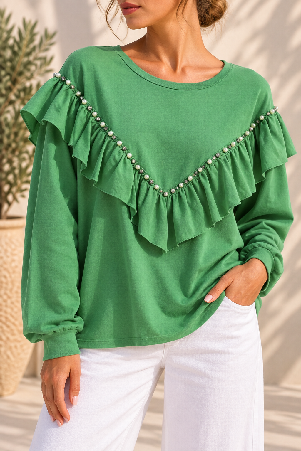 Pearl Ruffle Statement Sweatshirt