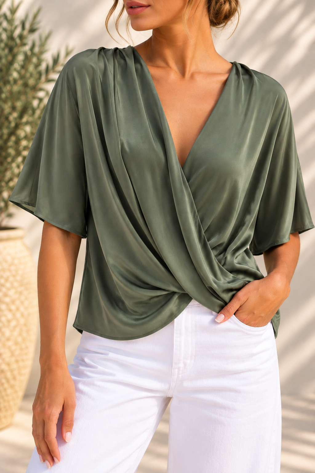Sage Satin Draped V-Neck Blouse