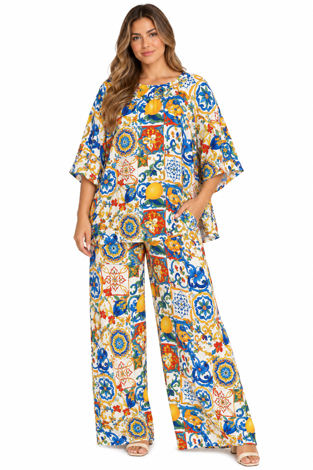 Amalfi Tile Print Two-Piece Pant Set