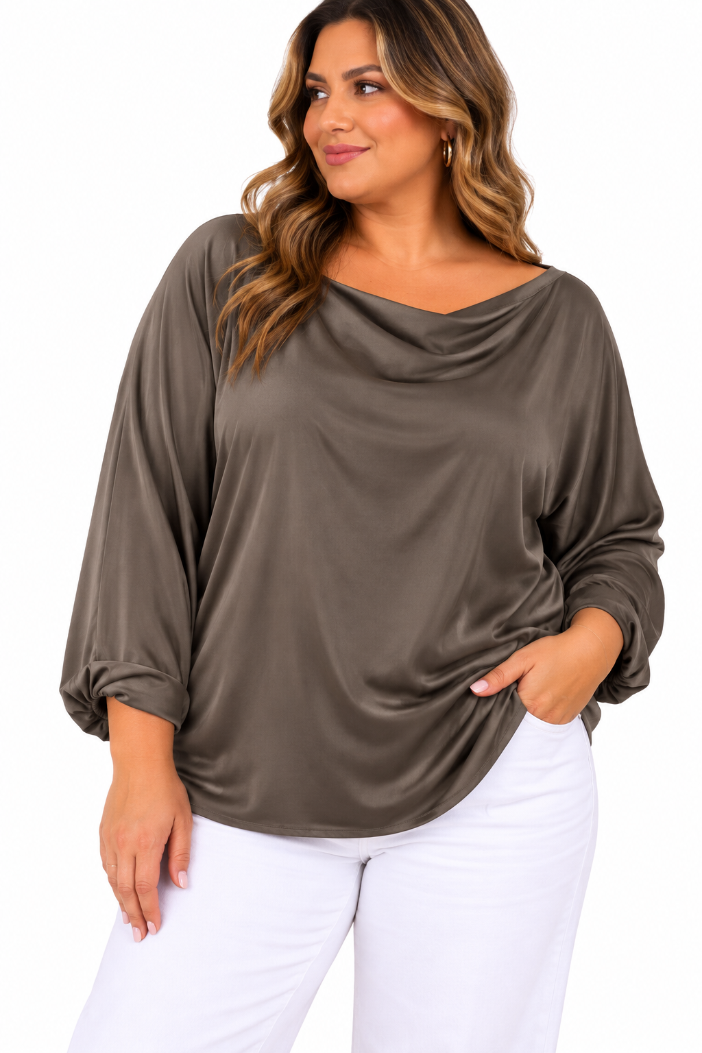 Mocha Drape Satin Blouse