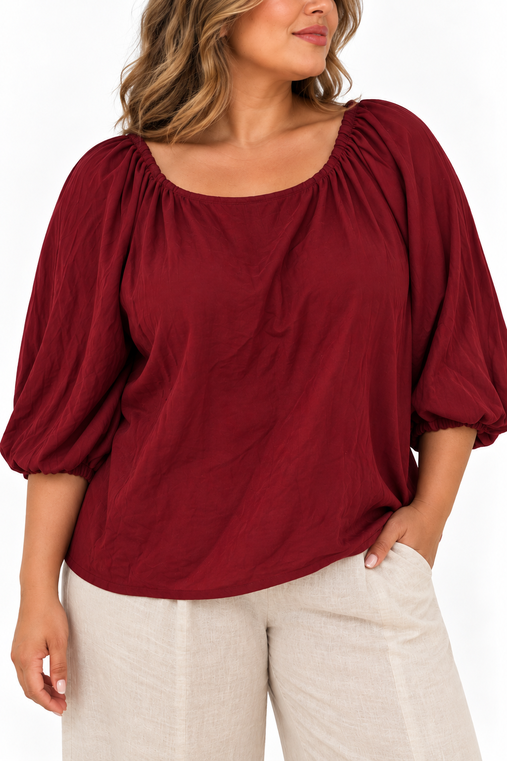 Burgundy Muse Plus Size Balloon Sleeve Blouse
