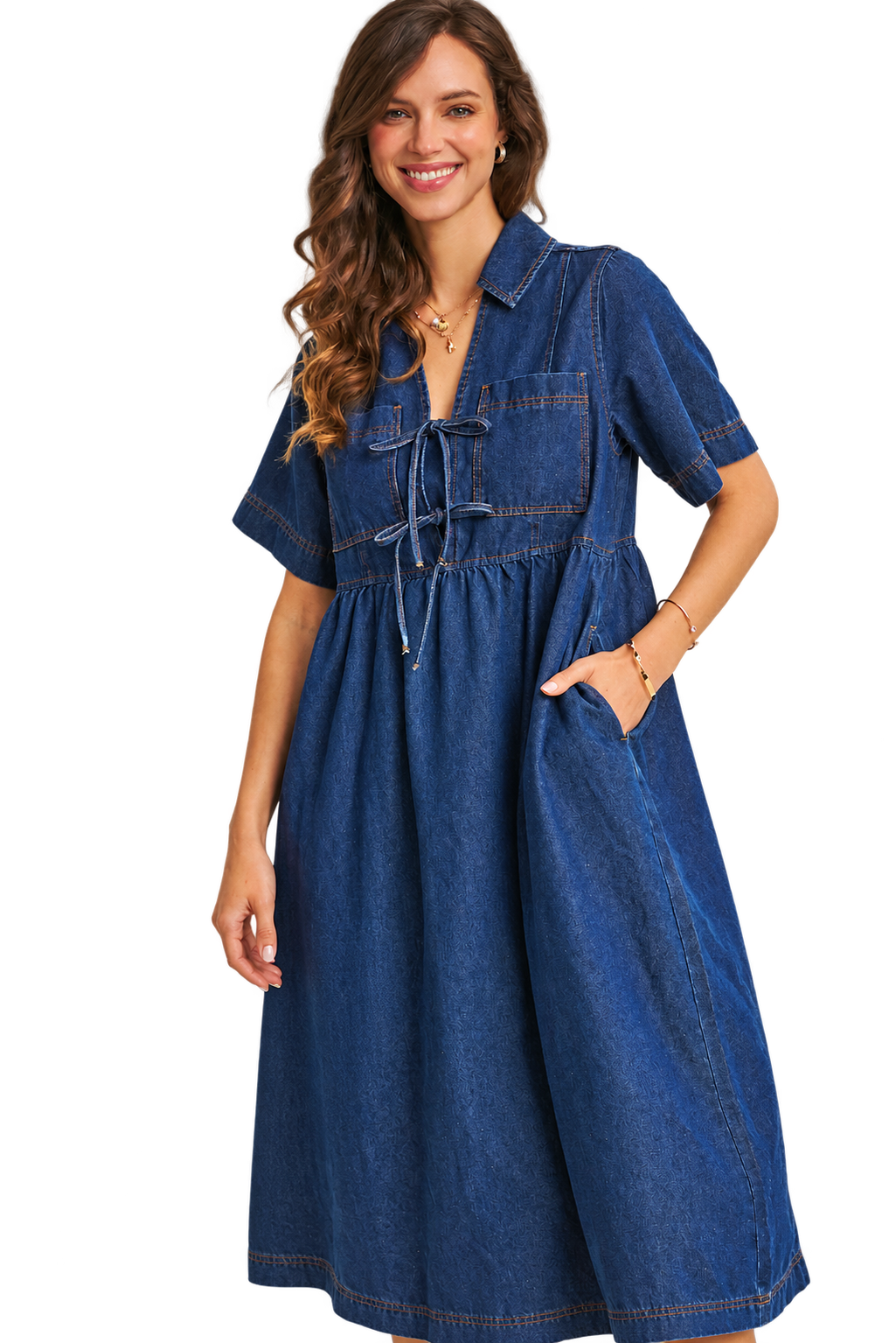 Tie-Front Denim Midi Dress