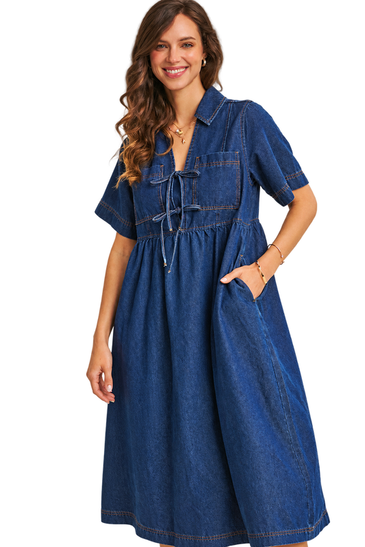 Tie-Front Denim Midi Dress