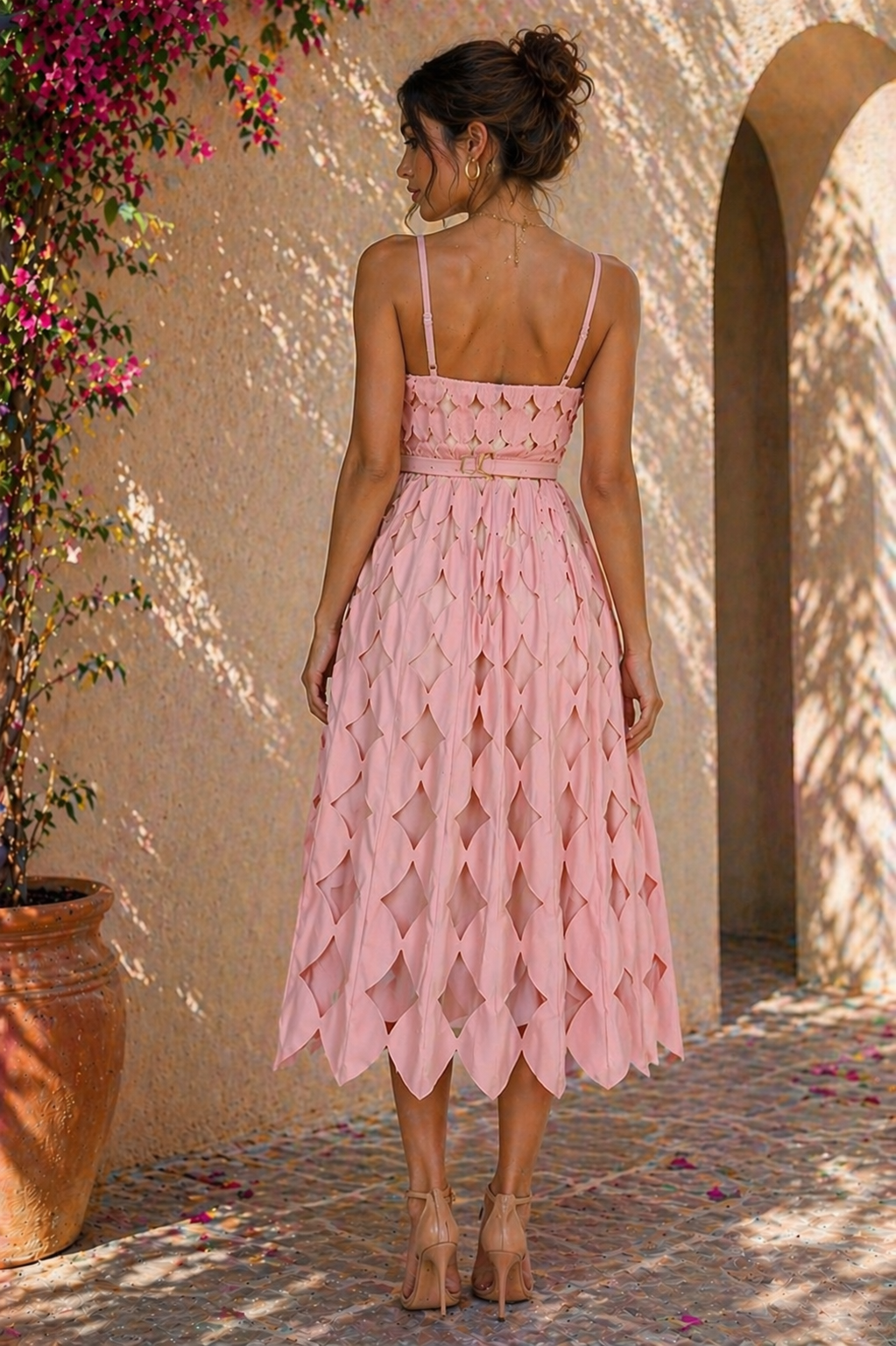 Blush Circle Cutout Midi Dress – Elegant Layered Statement Dress