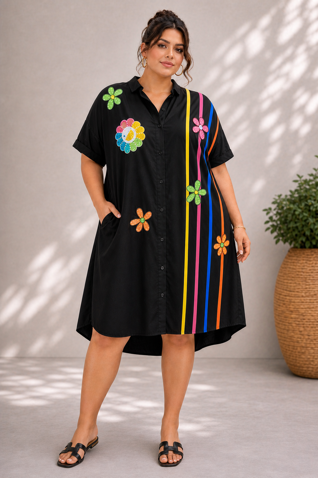 Floral Stripe Shirt Dress – Colorful Short Sleeve Midi Dress
