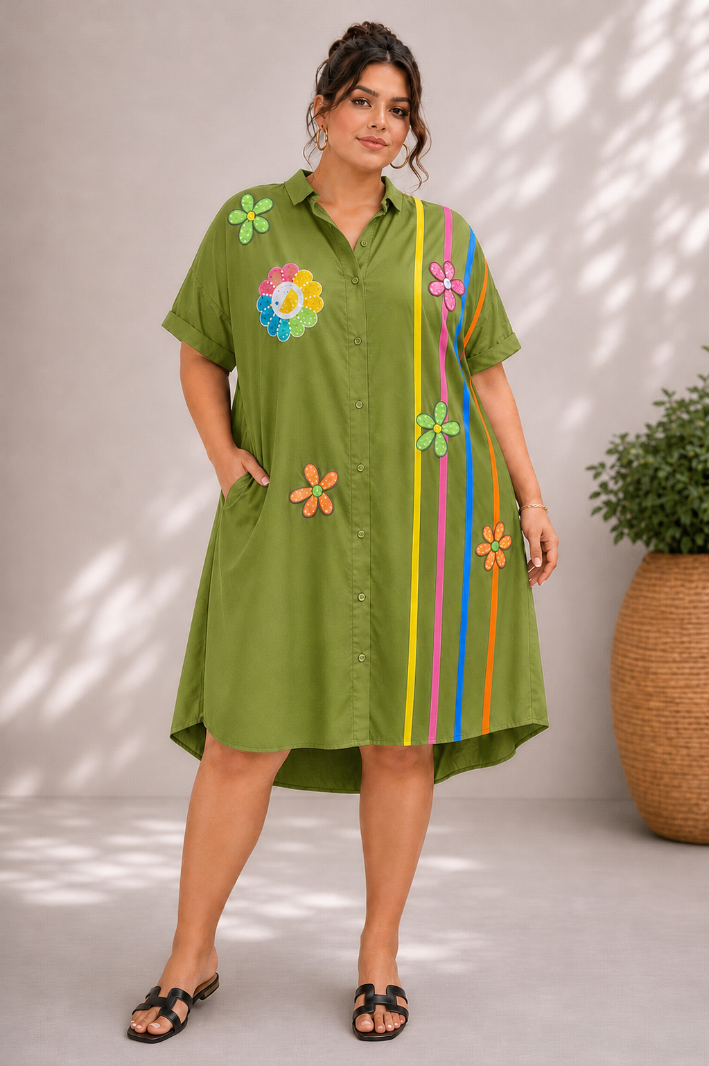 Floral Stripe Shirt Dress – Colorful Short Sleeve Midi Dress