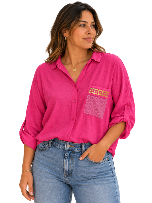 Luxe Spark Pocket Button-Up Blouse