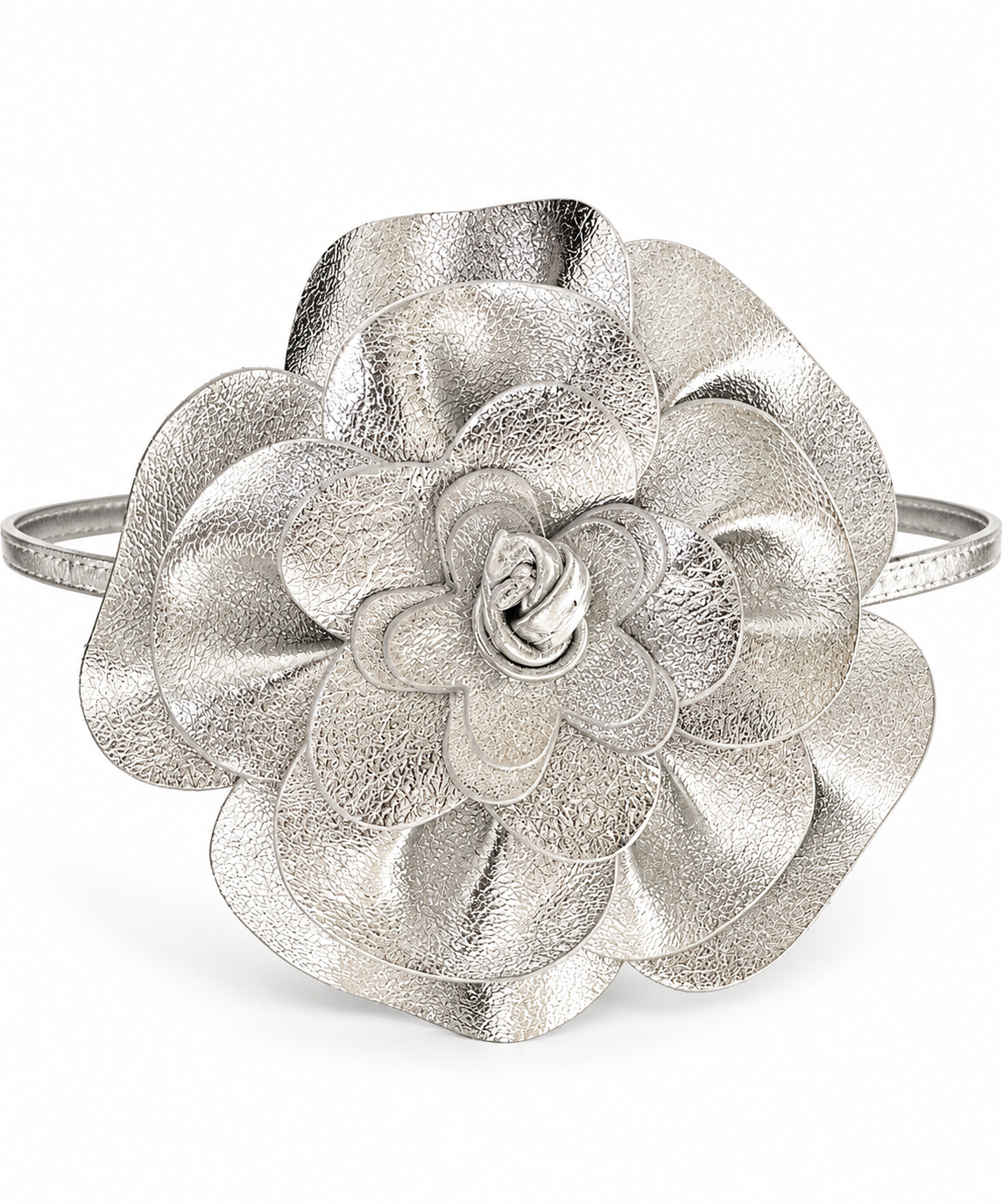 A silver textured leather flower-shaped cuff bracelet on a clean white background.