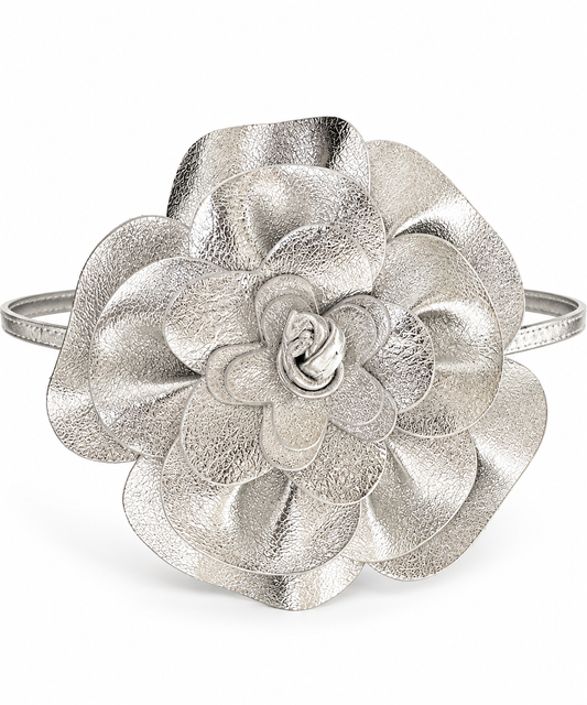 A silver textured leather flower-shaped cuff bracelet on a clean white background.