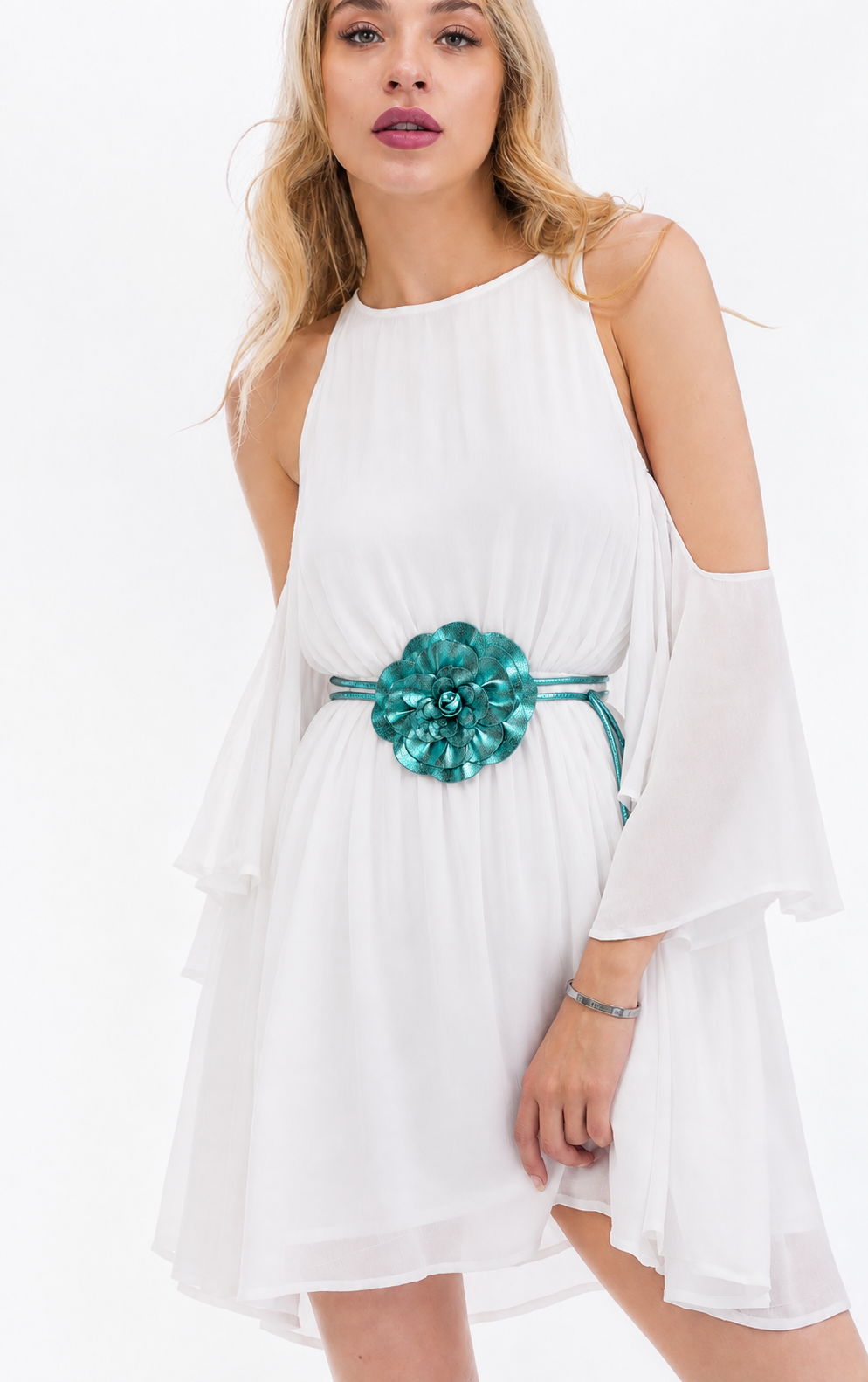 Aqua Metallic Flower Statement Belt | Marzela Boutique