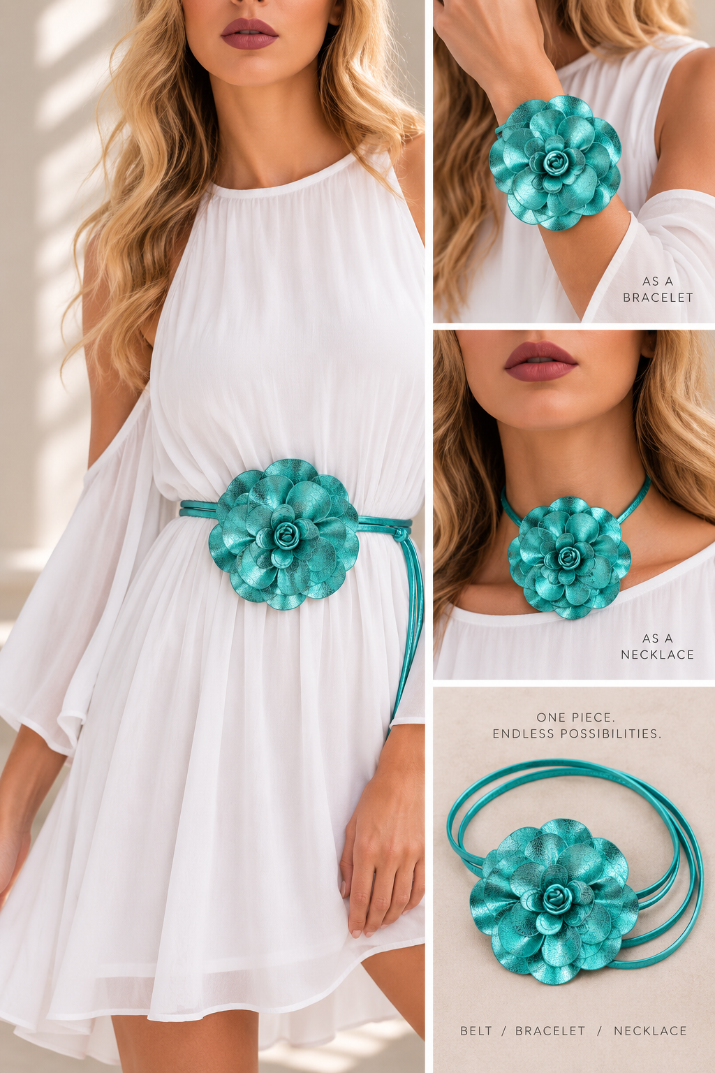 Aqua Metallic Flower Statement Belt | Marzela Boutique