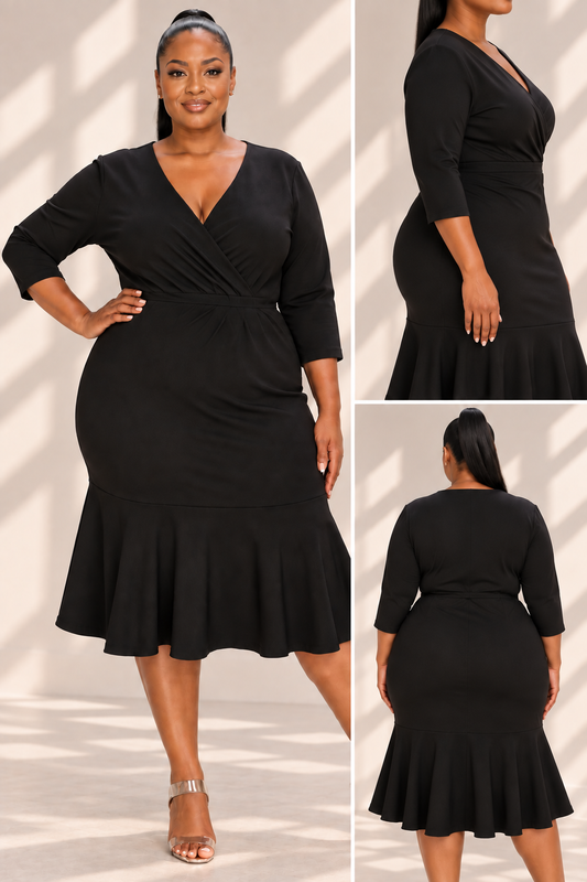 Plus Size Black V-Neck Ruffle Midi Dress | Marzela Boutique