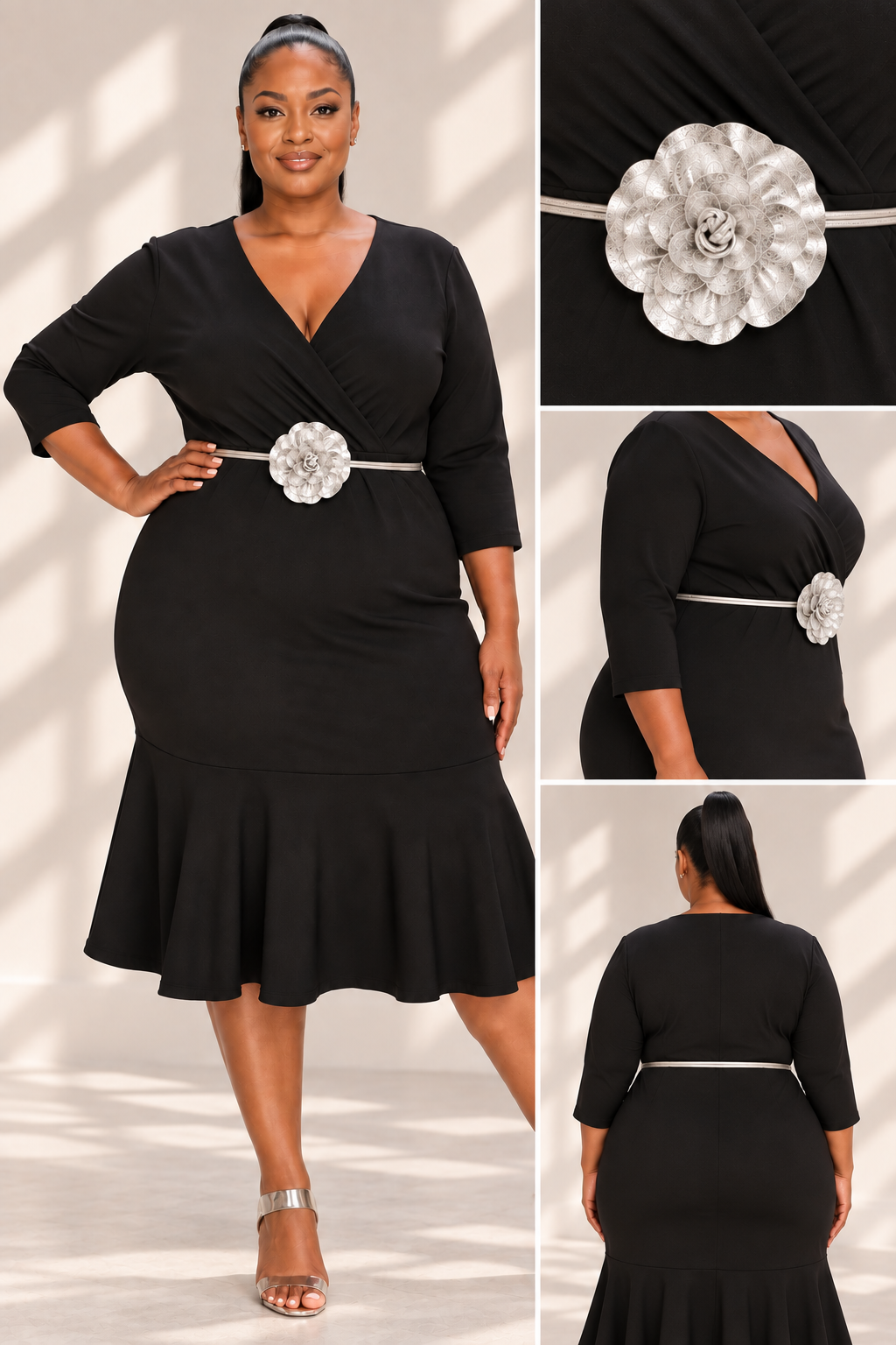 Plus Size Black V-Neck Ruffle Midi Dress | Marzela Boutique