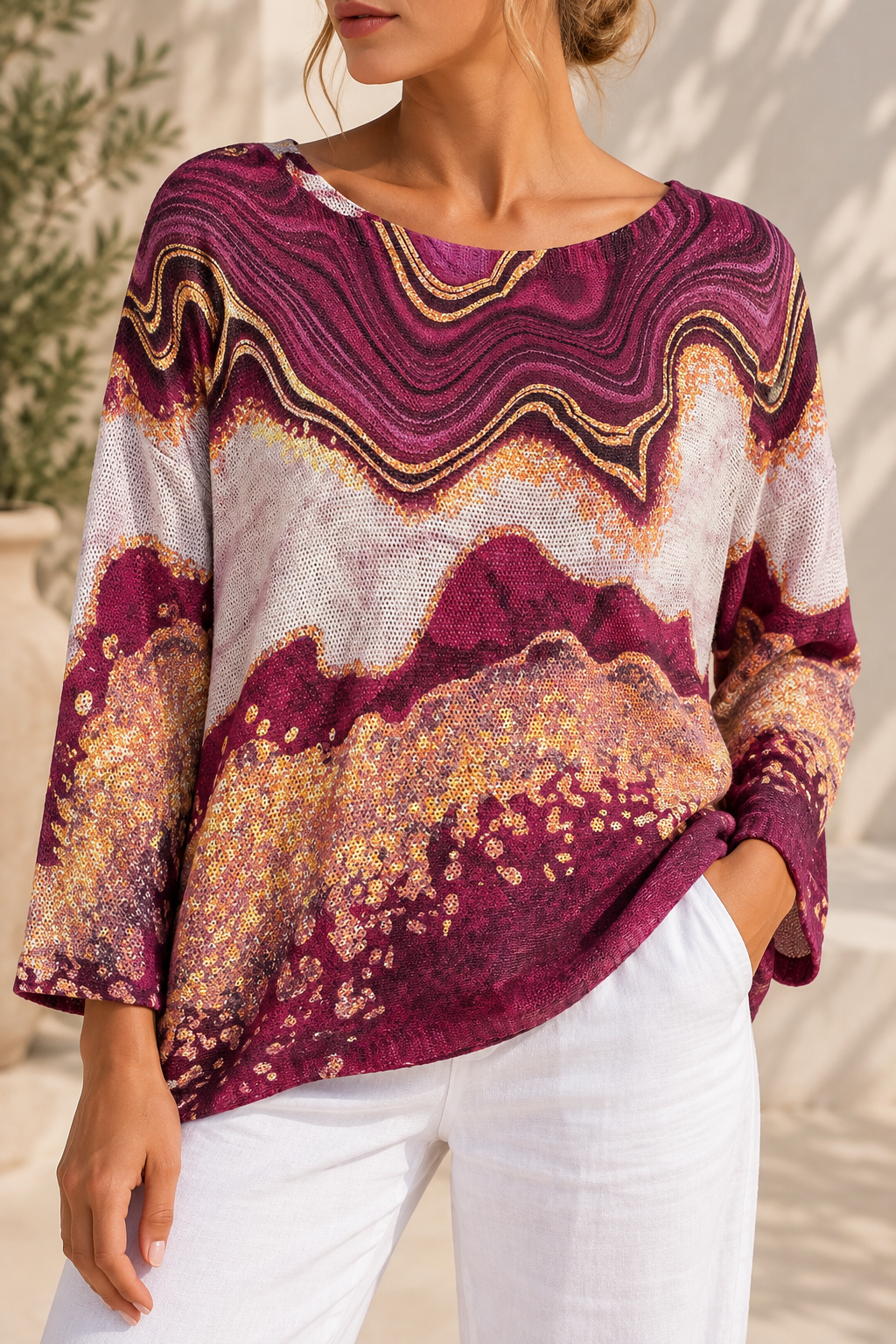 Plum Mirage Abstract Knit Top